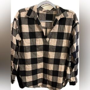Plaid Open Collar Flannel Shirt, Toasted Marshmallow & Black